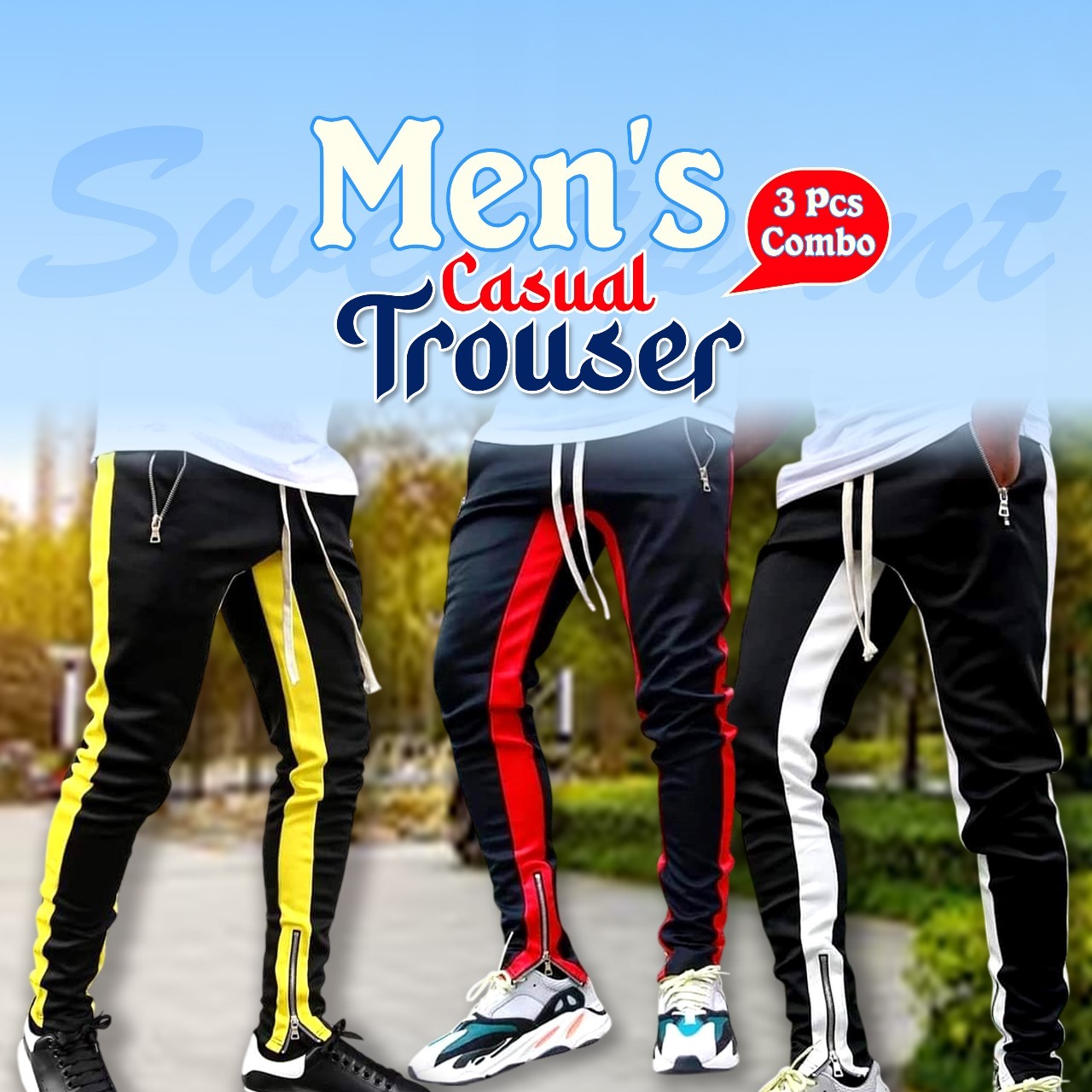 3 Pcs Combo Casual Men's Sweatpant Trouser Black + Yellow + white